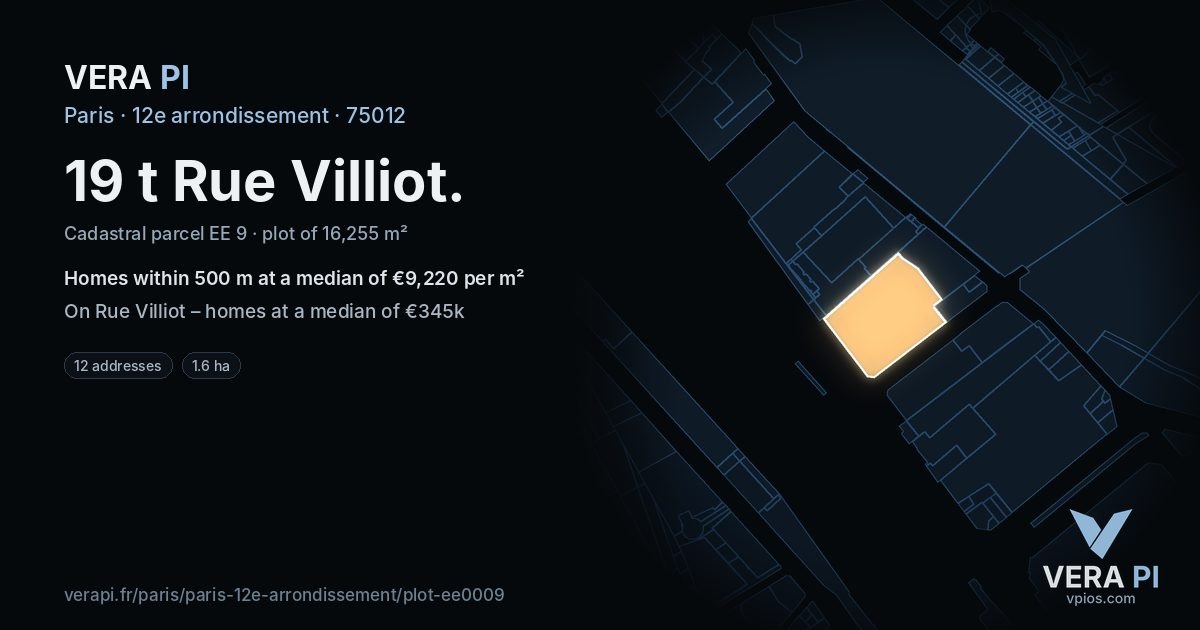19 t Rue Villiot, 12e arrondissement at night – the plot lit, the parcels around coloured by the prices near them