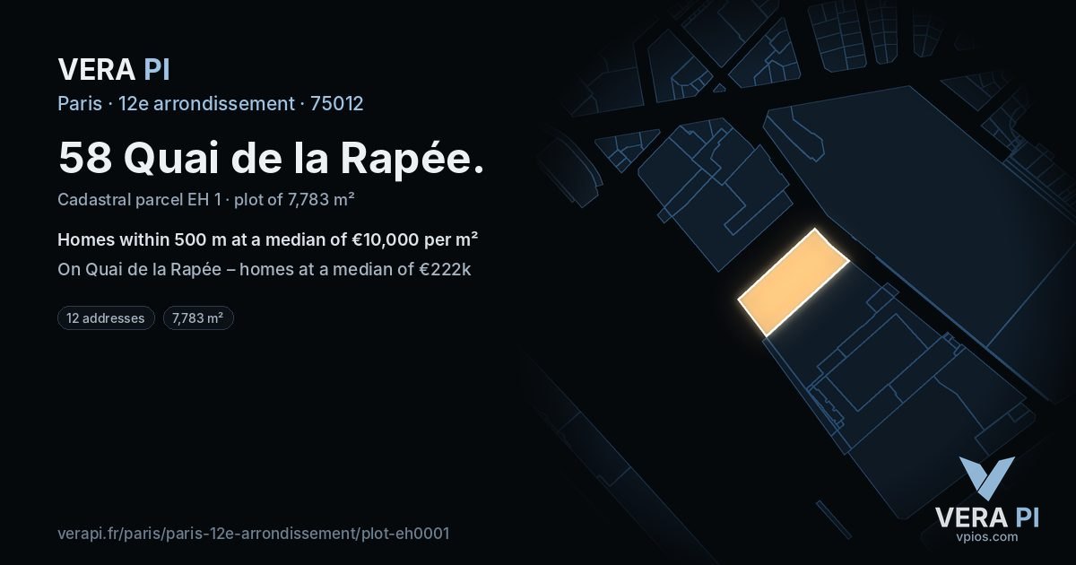 58 Quai de la Rapée, 12e arrondissement at night – the plot lit, the parcels around coloured by the prices near them