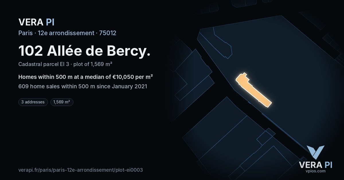 102 Allée de Bercy, 12e arrondissement at night – the plot lit, the parcels around coloured by the prices near them