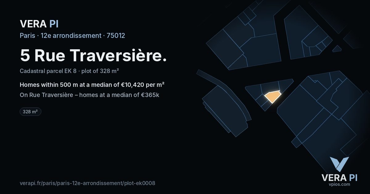 5 Rue Traversière, 12e arrondissement at night – the plot lit, the parcels around coloured by the prices near them