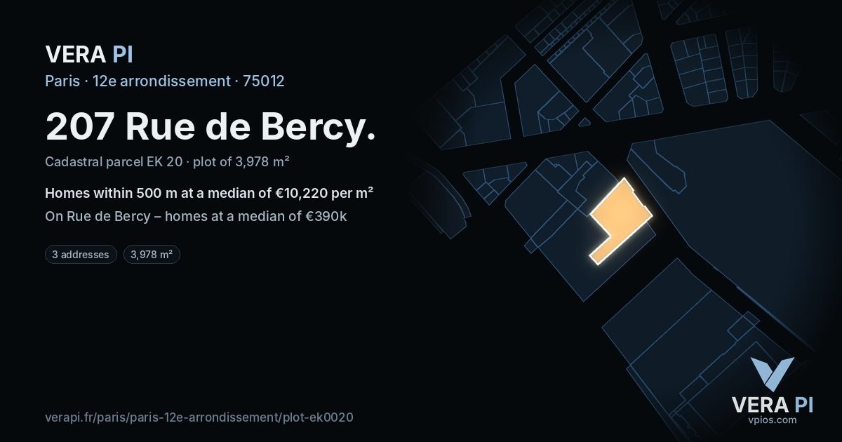 207 Rue de Bercy, 12e arrondissement at night – the plot lit, the parcels around coloured by the prices near them