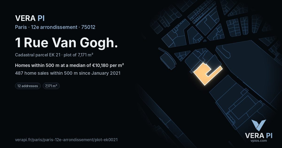 1 Rue Van Gogh, 12e arrondissement at night – the plot lit, the parcels around coloured by the prices near them