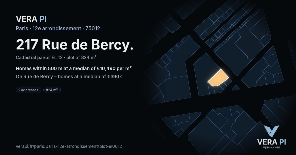 217 Rue de Bercy, 12e arrondissement at night – the plot lit, the parcels around coloured by the prices near them