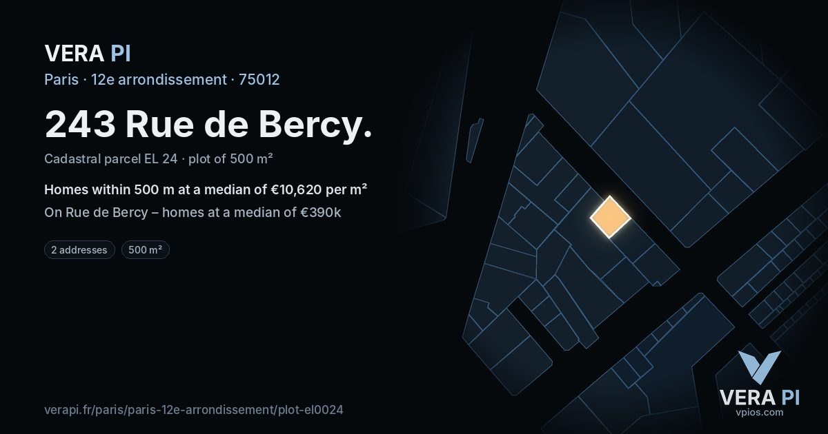 243 Rue de Bercy, 12e arrondissement at night – the plot lit, the parcels around coloured by the prices near them