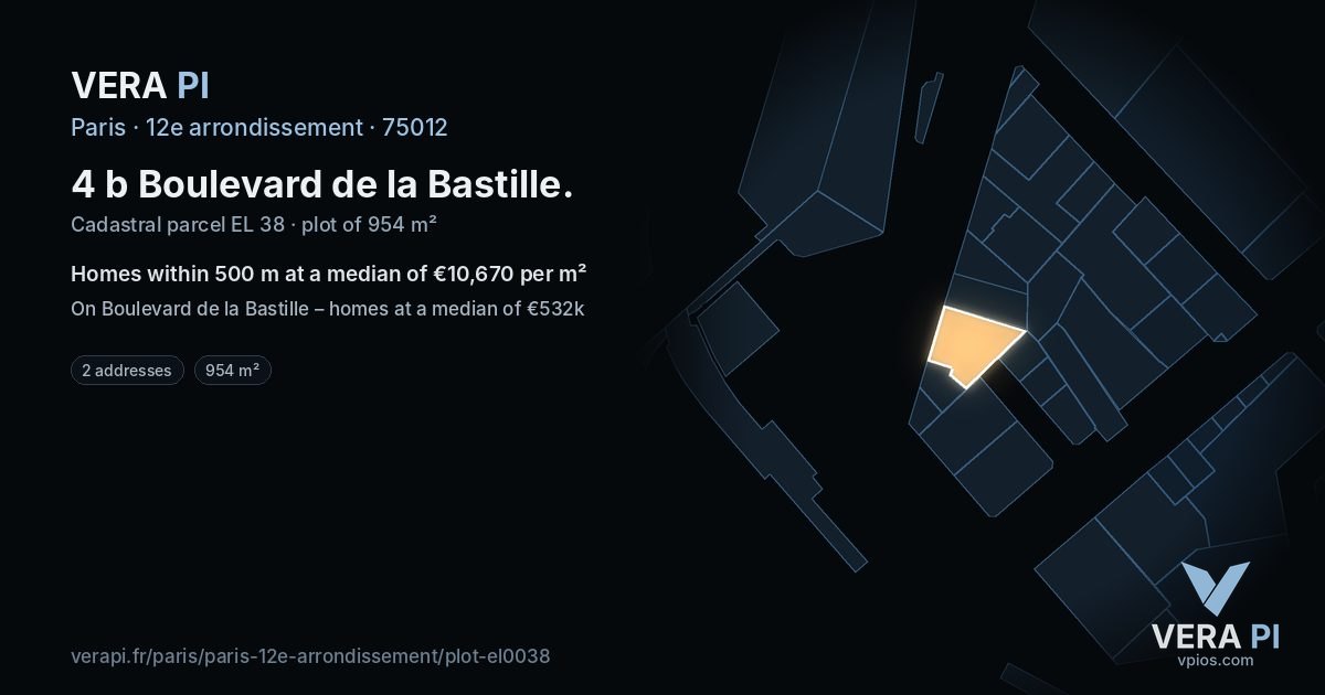 4 b Boulevard de la Bastille, 12e arrondissement at night – the plot lit, the parcels around coloured by the prices near them