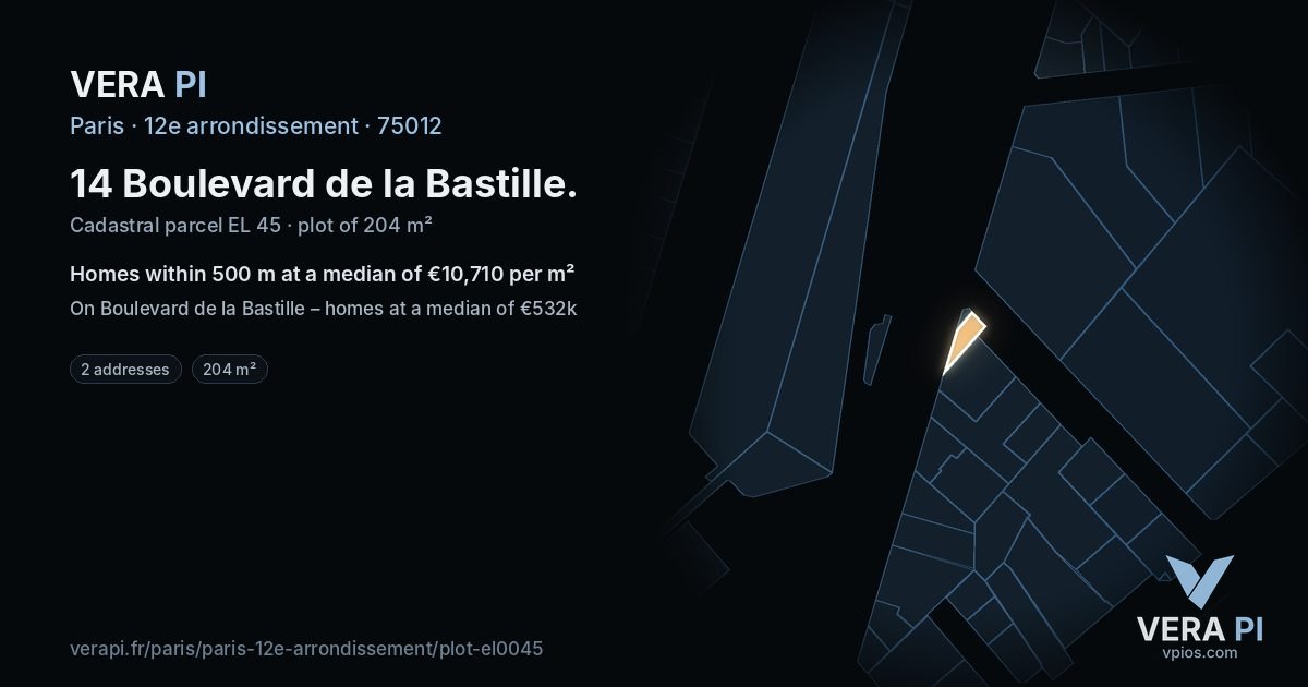 14 Boulevard de la Bastille, 12e arrondissement at night – the plot lit, the parcels around coloured by the prices near them