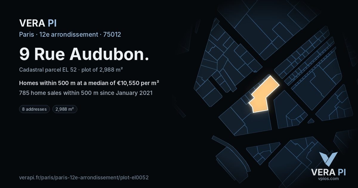 9 Rue Audubon, 12e arrondissement at night – the plot lit, the parcels around coloured by the prices near them