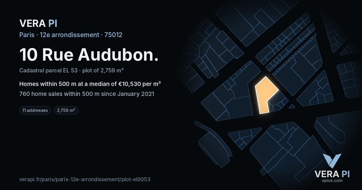 10 Rue Audubon, 12e arrondissement at night – the plot lit, the parcels around coloured by the prices near them