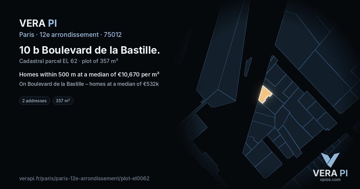 10 b Boulevard de la Bastille, 12e arrondissement at night – the plot lit, the parcels around coloured by the prices near them