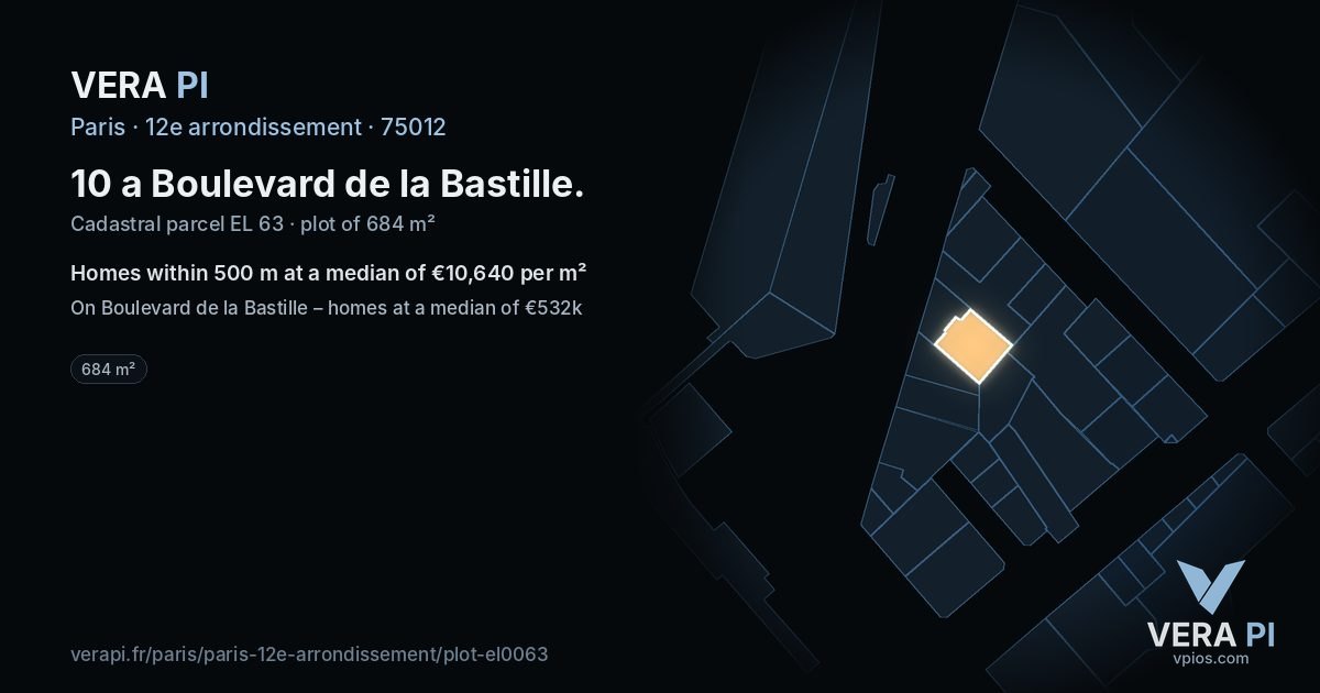 10 a Boulevard de la Bastille, 12e arrondissement at night – the plot lit, the parcels around coloured by the prices near them
