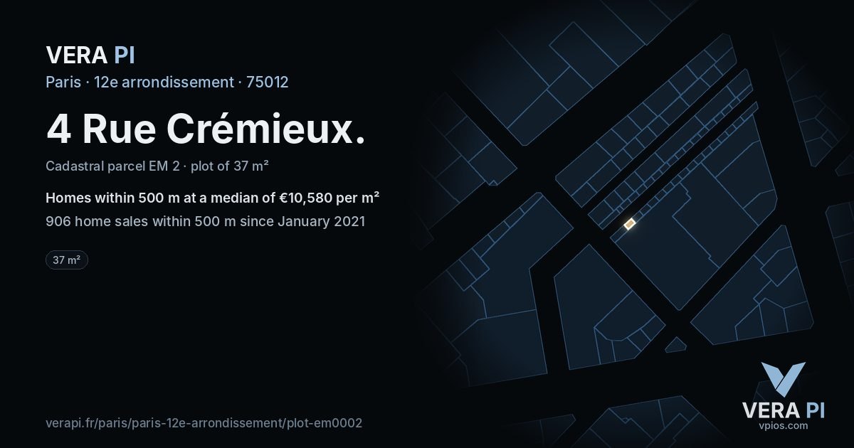 4 Rue Crémieux, 12e arrondissement at night – the plot lit, the parcels around coloured by the prices near them