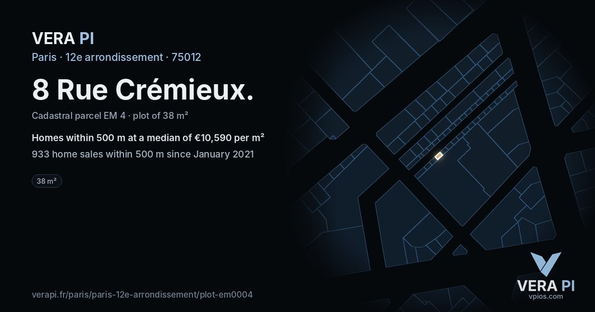8 Rue Crémieux, 12e arrondissement at night – the plot lit, the parcels around coloured by the prices near them