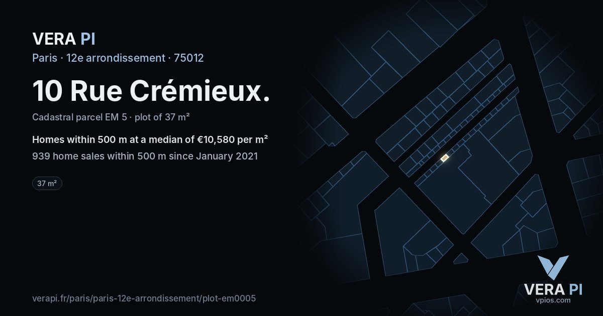 10 Rue Crémieux, 12e arrondissement at night – the plot lit, the parcels around coloured by the prices near them