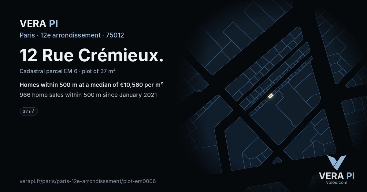 12 Rue Crémieux, 12e arrondissement at night – the plot lit, the parcels around coloured by the prices near them