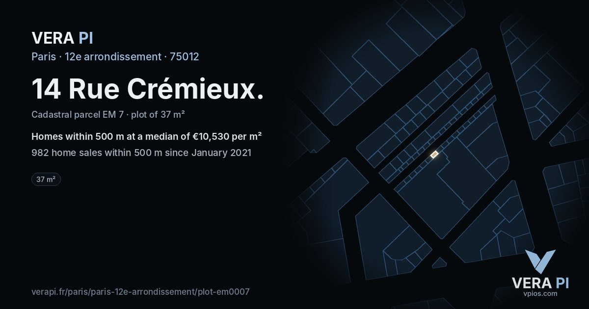 14 Rue Crémieux, 12e arrondissement at night – the plot lit, the parcels around coloured by the prices near them