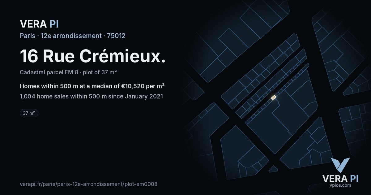 16 Rue Crémieux, 12e arrondissement at night – the plot lit, the parcels around coloured by the prices near them