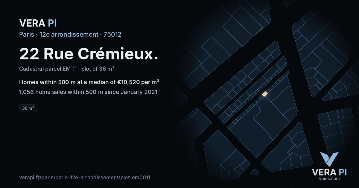22 Rue Crémieux, 12e arrondissement at night – the plot lit, the parcels around coloured by the prices near them