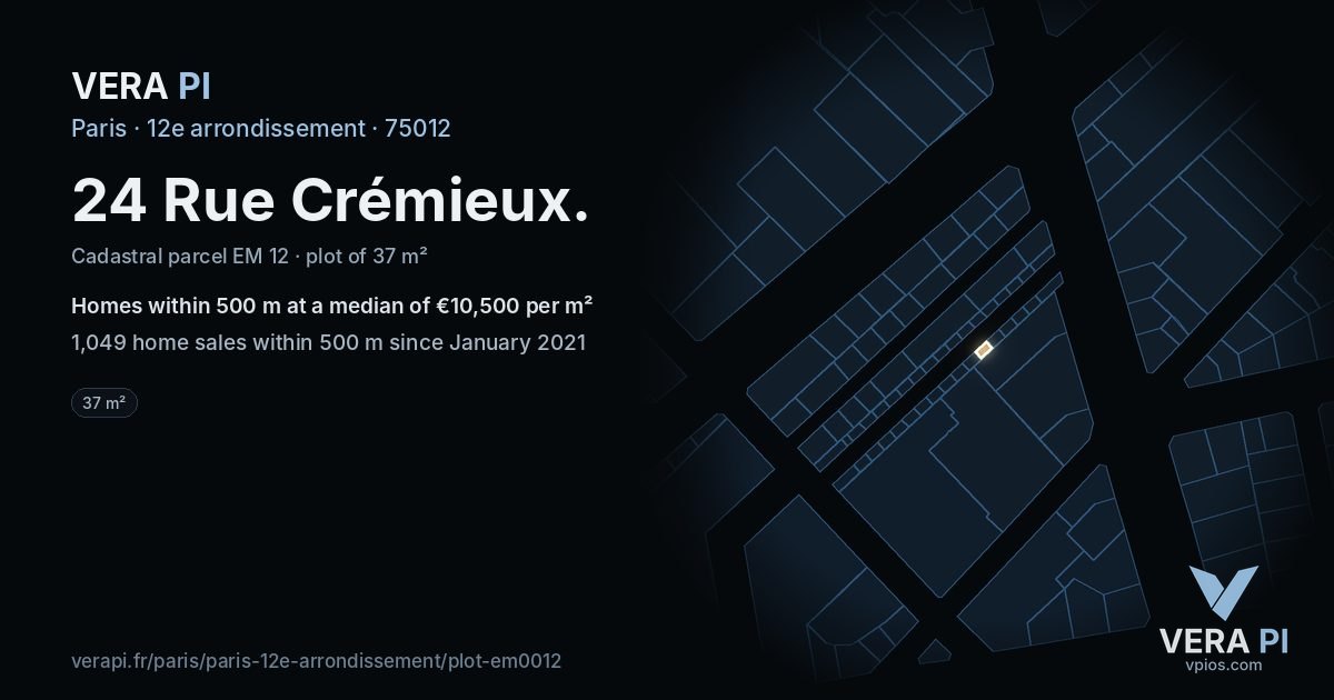 24 Rue Crémieux, 12e arrondissement at night – the plot lit, the parcels around coloured by the prices near them