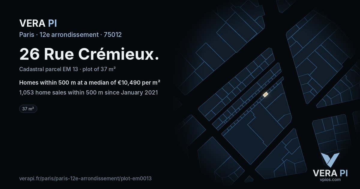26 Rue Crémieux, 12e arrondissement at night – the plot lit, the parcels around coloured by the prices near them