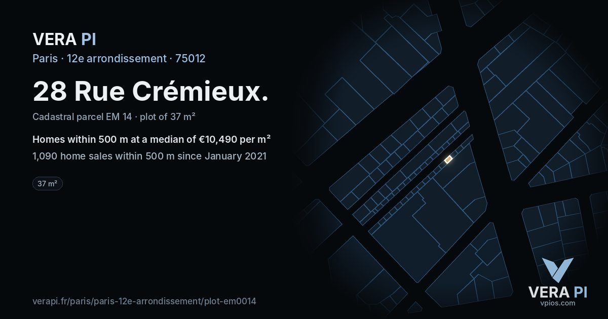 28 Rue Crémieux, 12e arrondissement at night – the plot lit, the parcels around coloured by the prices near them