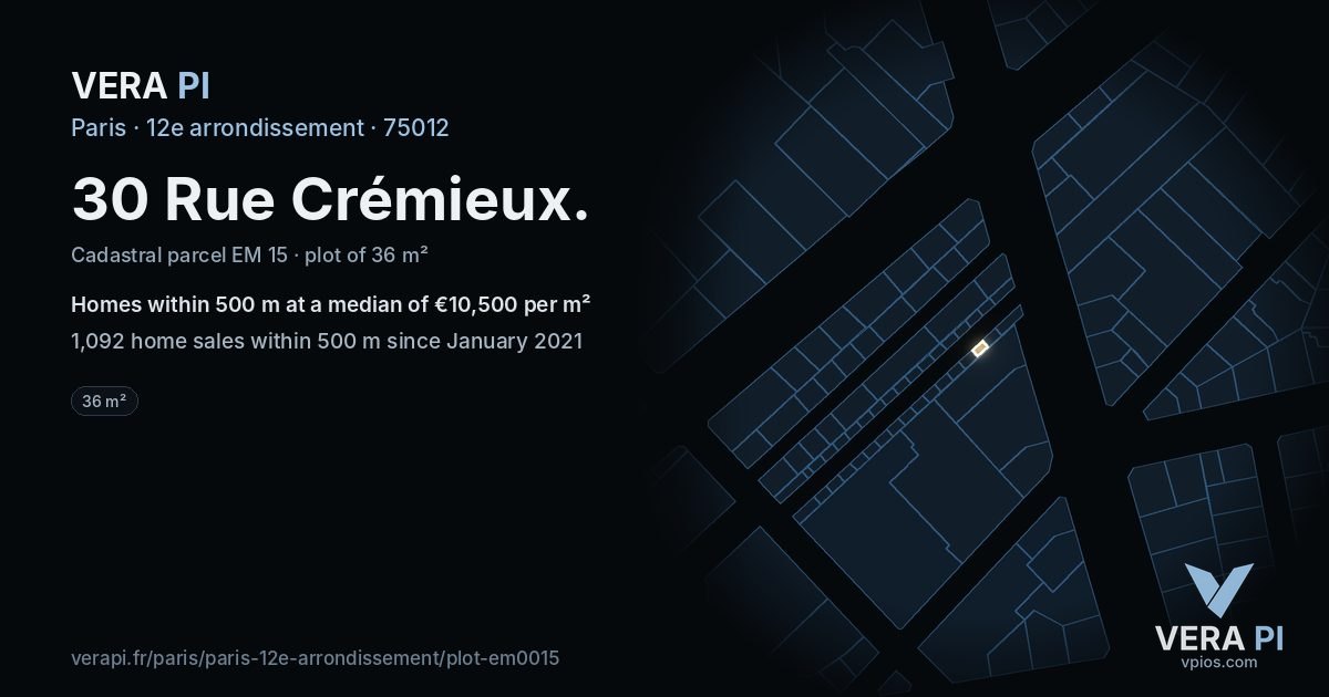 30 Rue Crémieux, 12e arrondissement at night – the plot lit, the parcels around coloured by the prices near them