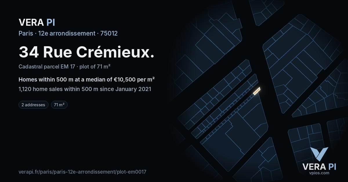 34 Rue Crémieux, 12e arrondissement at night – the plot lit, the parcels around coloured by the prices near them