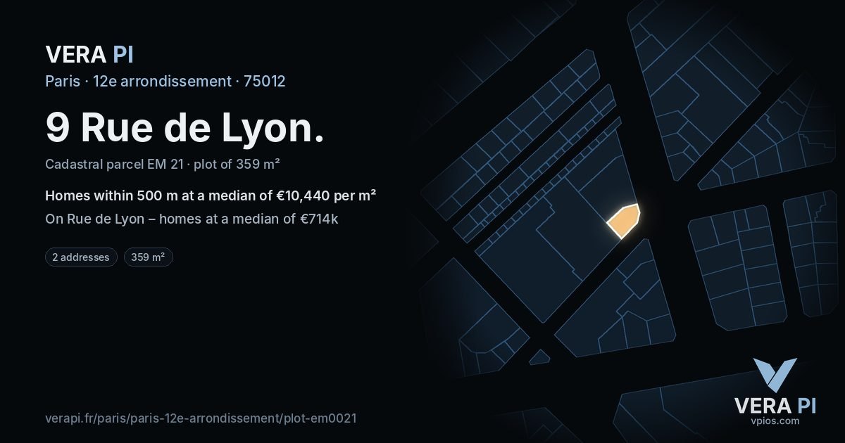 9 Rue de Lyon, 12e arrondissement at night – the plot lit, the parcels around coloured by the prices near them