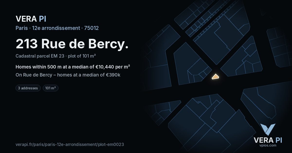 213 Rue de Bercy, 12e arrondissement at night – the plot lit, the parcels around coloured by the prices near them