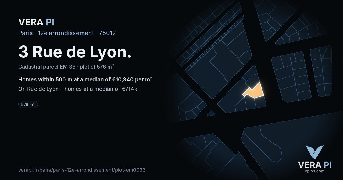 3 Rue de Lyon, 12e arrondissement at night – the plot lit, the parcels around coloured by the prices near them