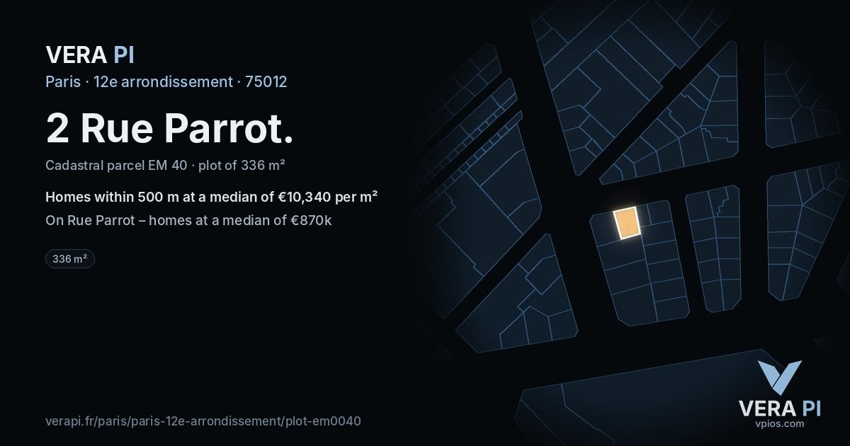 2 Rue Parrot, 12e arrondissement at night – the plot lit, the parcels around coloured by the prices near them