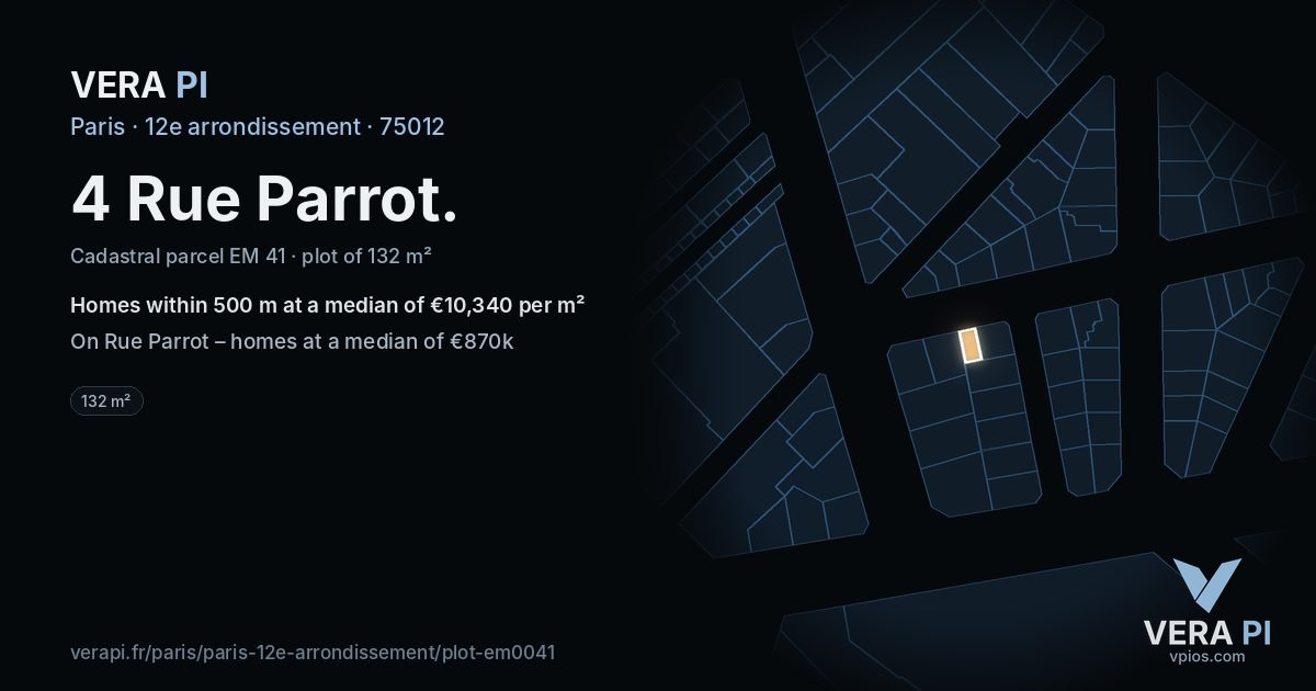 4 Rue Parrot, 12e arrondissement at night – the plot lit, the parcels around coloured by the prices near them