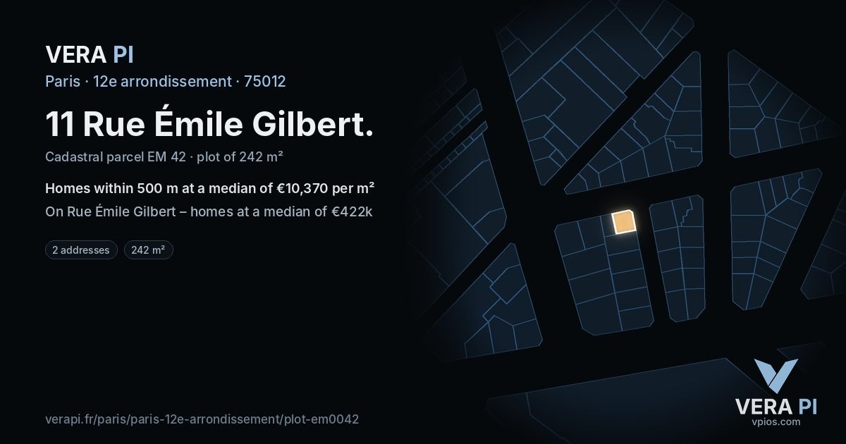 11 Rue Émile Gilbert, 12e arrondissement at night – the plot lit, the parcels around coloured by the prices near them