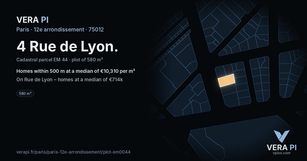 4 Rue de Lyon, 12e arrondissement at night – the plot lit, the parcels around coloured by the prices near them