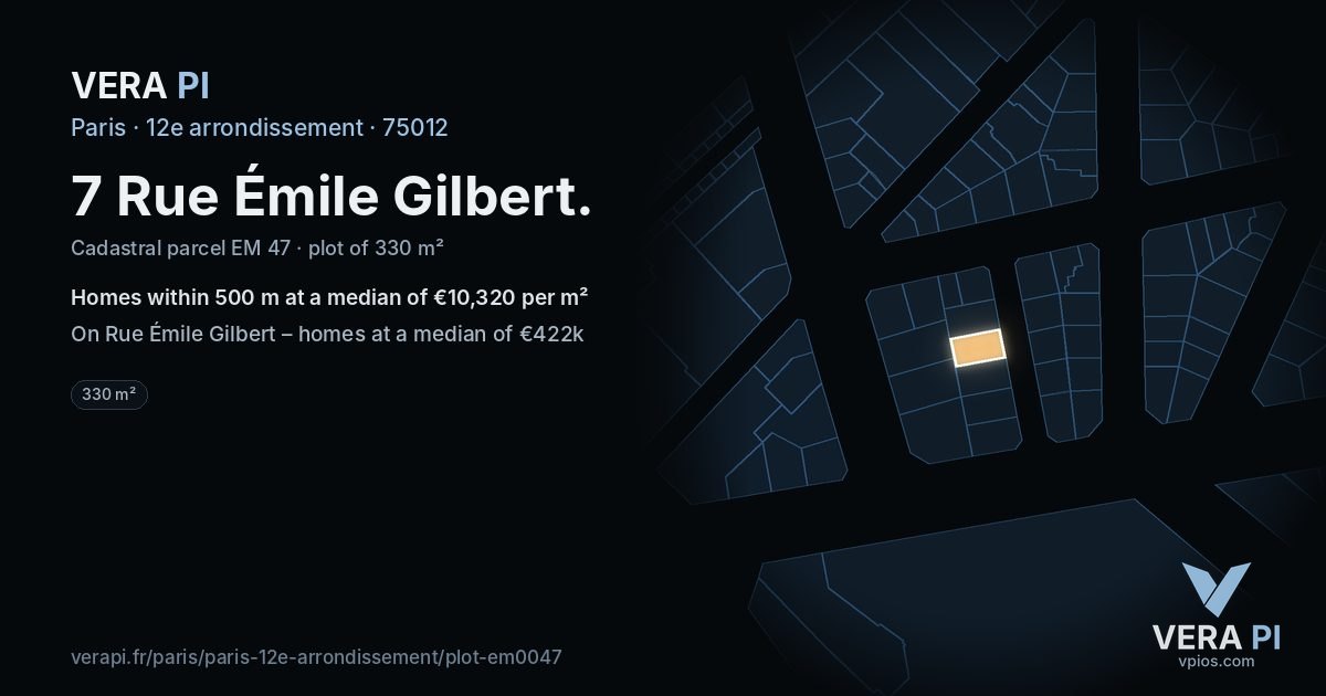 7 Rue Émile Gilbert, 12e arrondissement at night – the plot lit, the parcels around coloured by the prices near them
