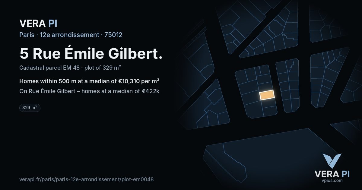 5 Rue Émile Gilbert, 12e arrondissement at night – the plot lit, the parcels around coloured by the prices near them