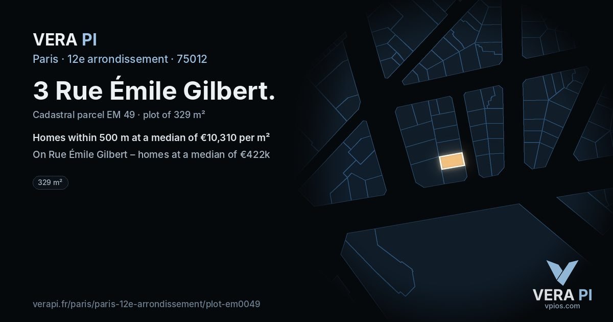 3 Rue Émile Gilbert, 12e arrondissement at night – the plot lit, the parcels around coloured by the prices near them