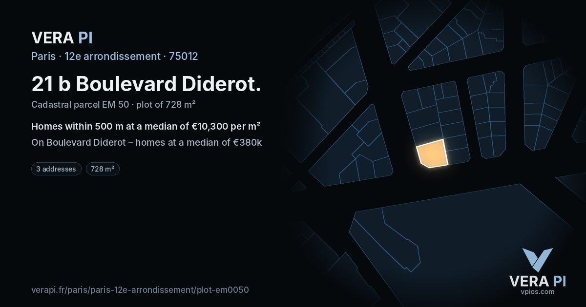 21 b Boulevard Diderot, 12e arrondissement at night – the plot lit, the parcels around coloured by the prices near them