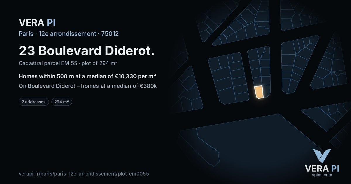 23 Boulevard Diderot, 12e arrondissement at night – the plot lit, the parcels around coloured by the prices near them
