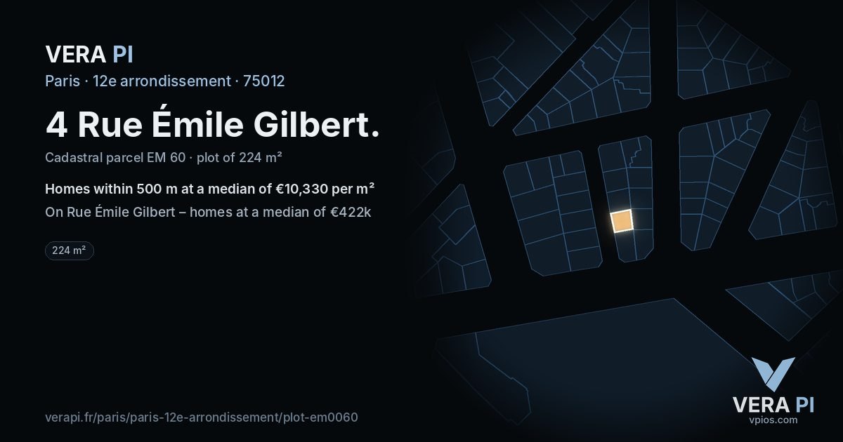 4 Rue Émile Gilbert, 12e arrondissement at night – the plot lit, the parcels around coloured by the prices near them