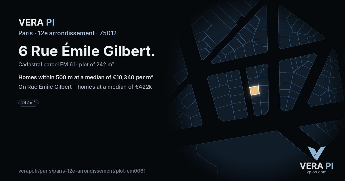 6 Rue Émile Gilbert, 12e arrondissement at night – the plot lit, the parcels around coloured by the prices near them