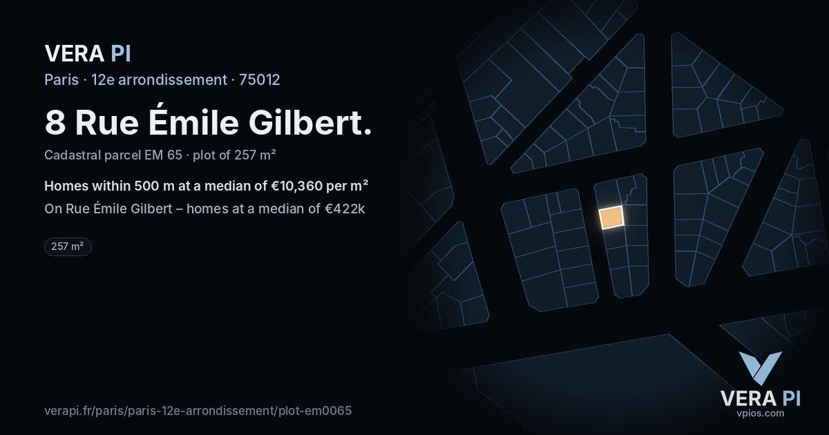 8 Rue Émile Gilbert, 12e arrondissement at night – the plot lit, the parcels around coloured by the prices near them