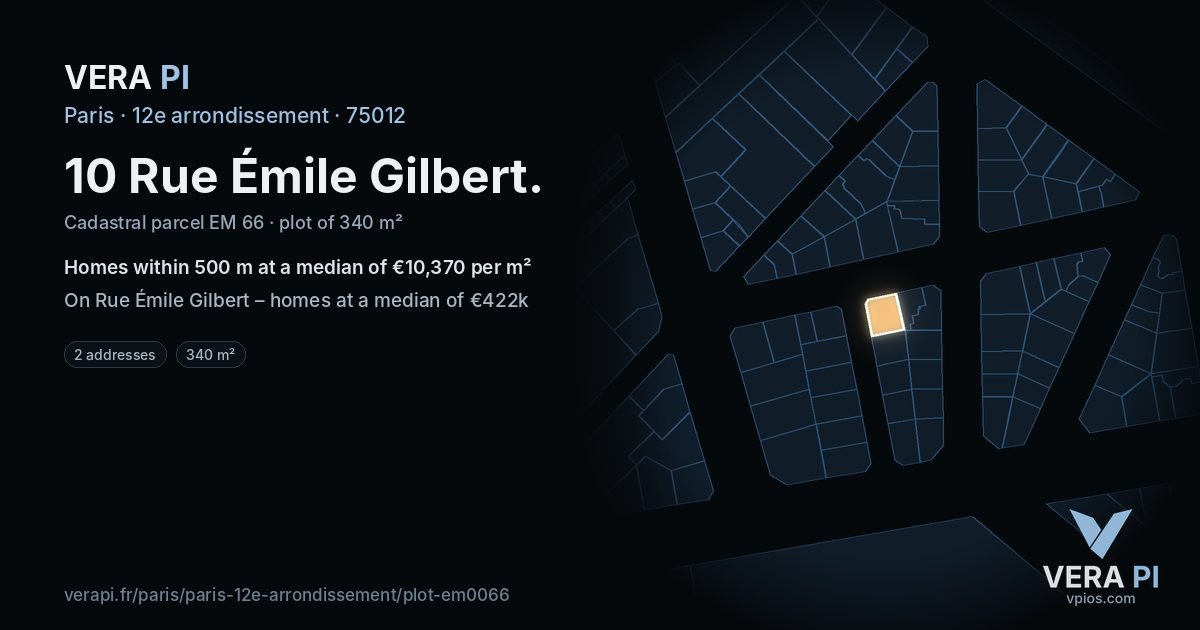 10 Rue Émile Gilbert, 12e arrondissement at night – the plot lit, the parcels around coloured by the prices near them