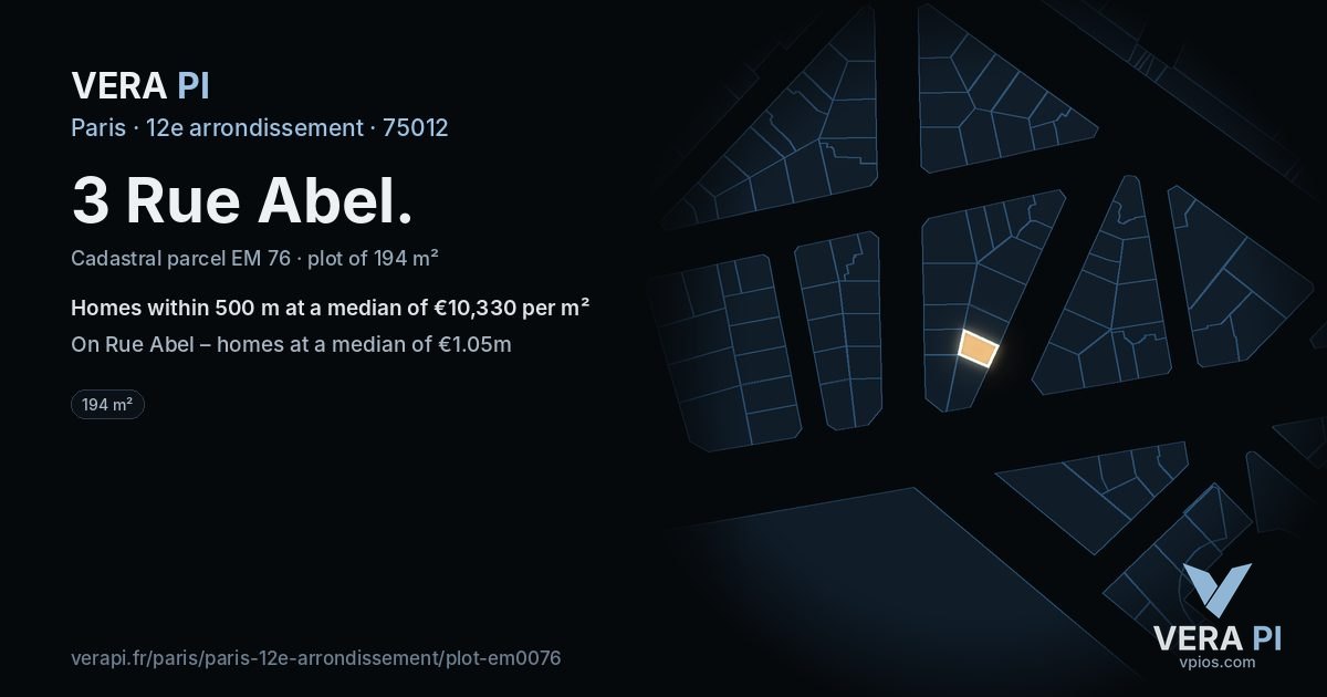 3 Rue Abel, 12e arrondissement at night – the plot lit, the parcels around coloured by the prices near them