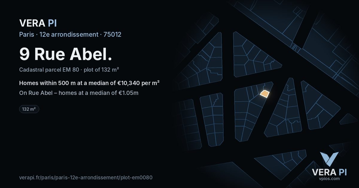 9 Rue Abel, 12e arrondissement at night – the plot lit, the parcels around coloured by the prices near them