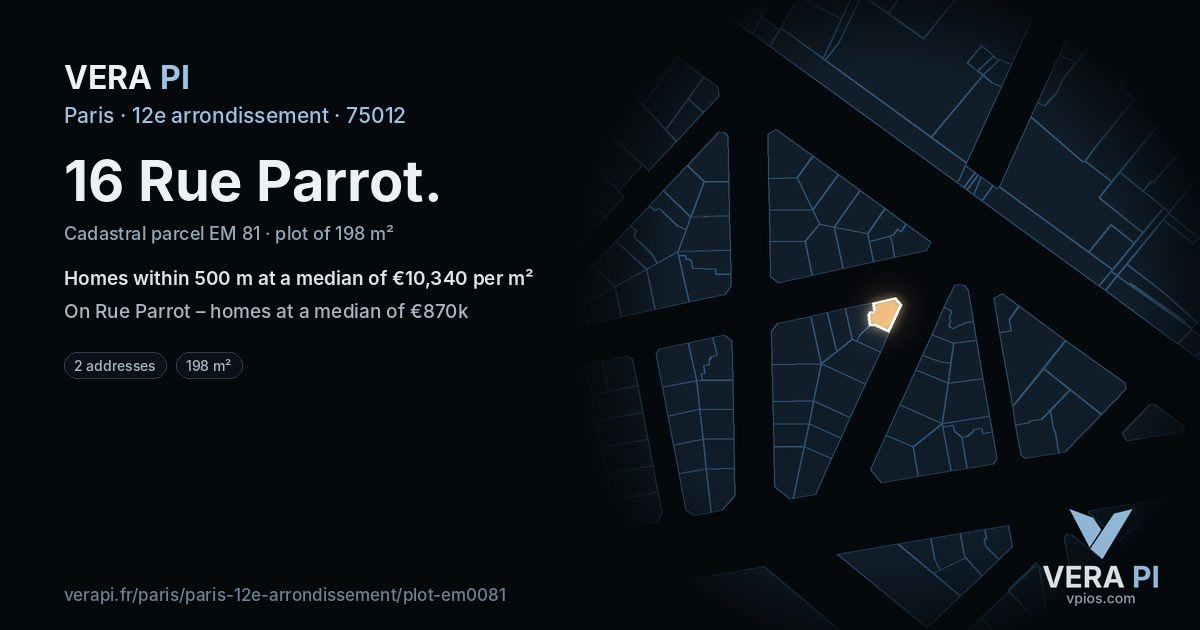 16 Rue Parrot, 12e arrondissement at night – the plot lit, the parcels around coloured by the prices near them