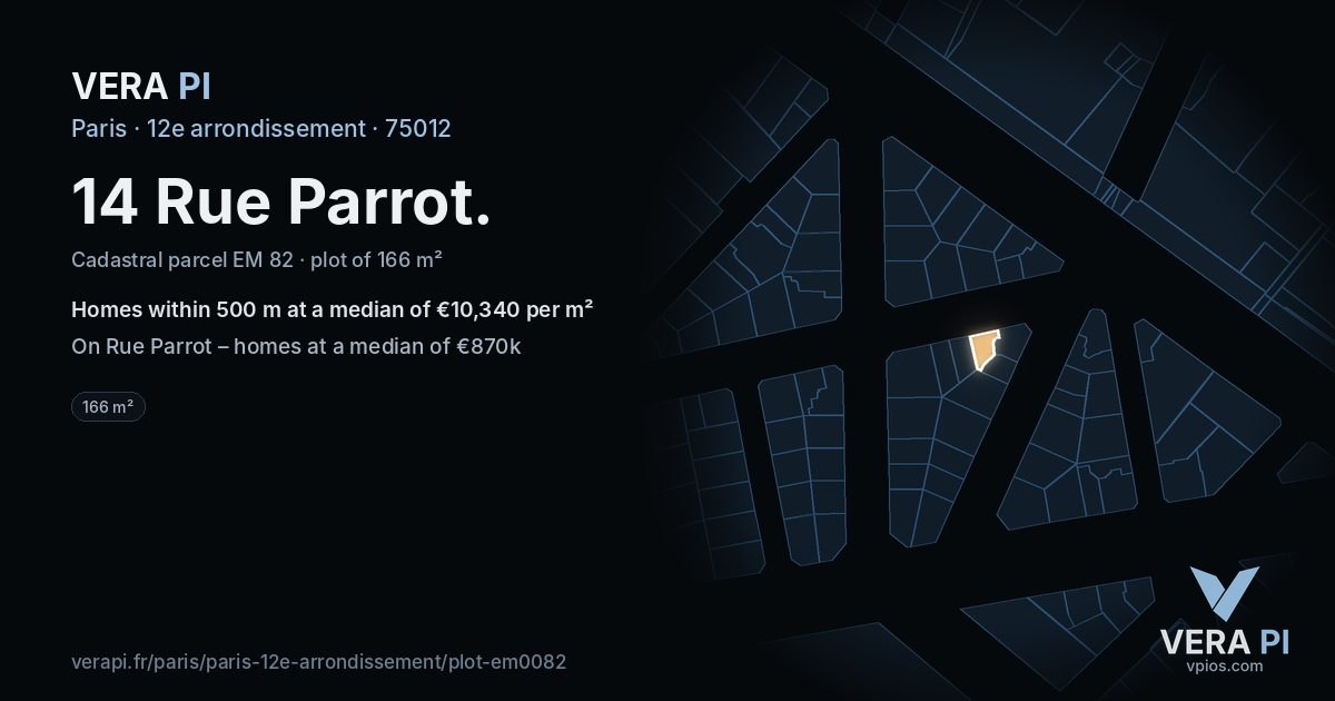 14 Rue Parrot, 12e arrondissement at night – the plot lit, the parcels around coloured by the prices near them
