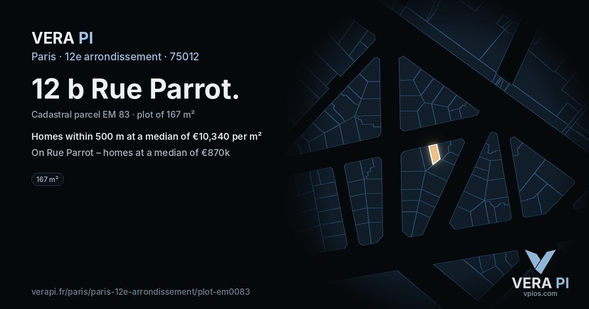 12 b Rue Parrot, 12e arrondissement at night – the plot lit, the parcels around coloured by the prices near them