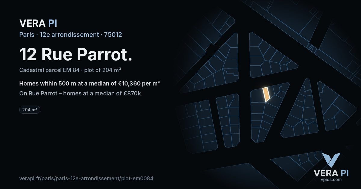 12 Rue Parrot, 12e arrondissement at night – the plot lit, the parcels around coloured by the prices near them