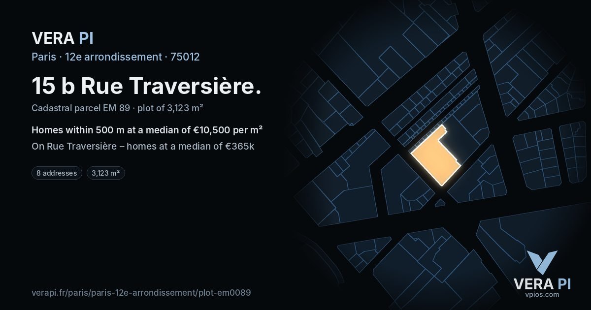 15 b Rue Traversière, 12e arrondissement at night – the plot lit, the parcels around coloured by the prices near them