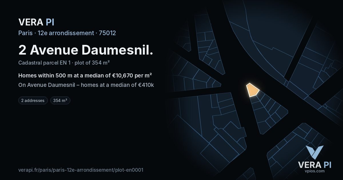 2 Avenue Daumesnil, 12e arrondissement at night – the plot lit, the parcels around coloured by the prices near them